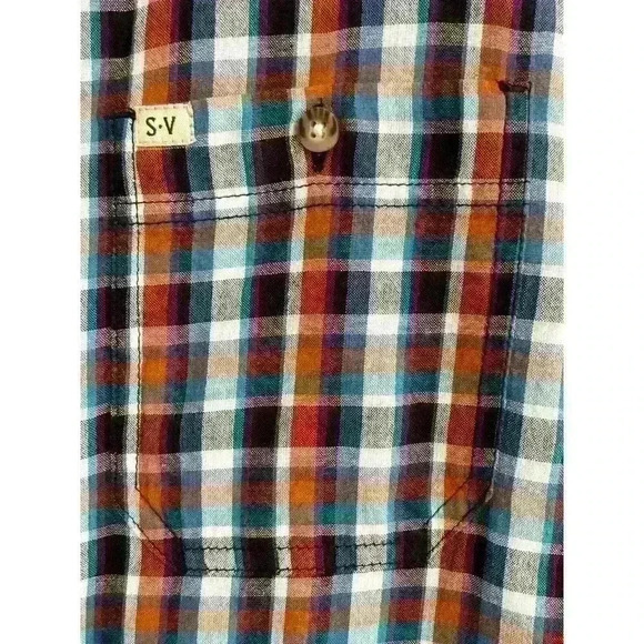 Salt Valley Men's Size LRG Plaid Button Up Shirt Navy Brown Pockets Thin Cotton - Picture 4 of 13